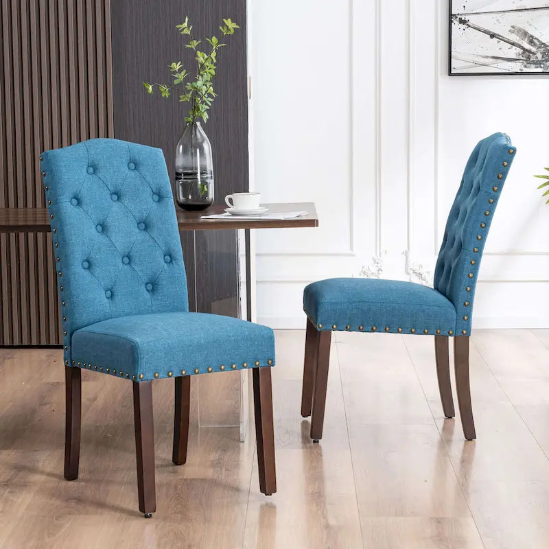 Fabric Upholstered Tufted High Back Dining Chairs with Nailhead Trim Set of 2