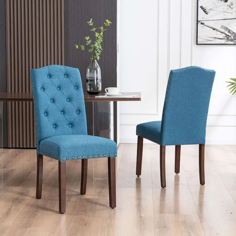 Fabric Upholstered Tufted High Back Dining Chairs with Nailhead Trim Set of 2