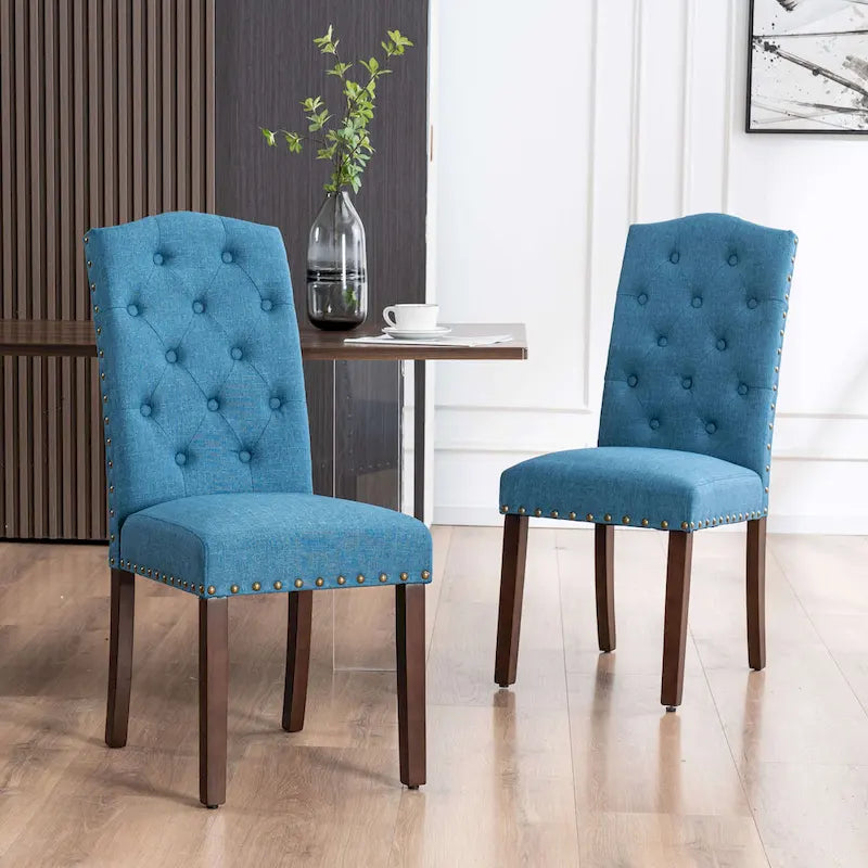 Fabric Upholstered Tufted High Back Dining Chairs with Nailhead Trim Set of 2