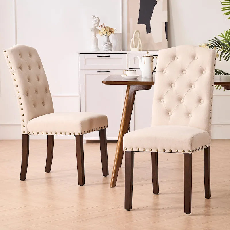 Fabric Upholstered Tufted High Back Dining Chairs with Nailhead Trim Set of 2
