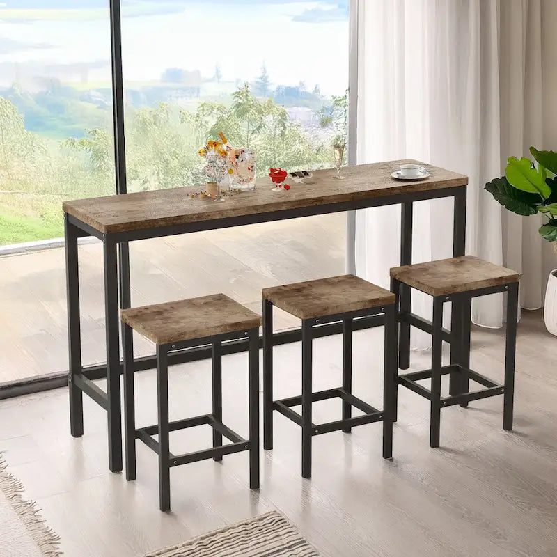 Counter Height Extra Long Dining Table Set with 3 Stools Pub Kitchen Set Side Table with Footrest