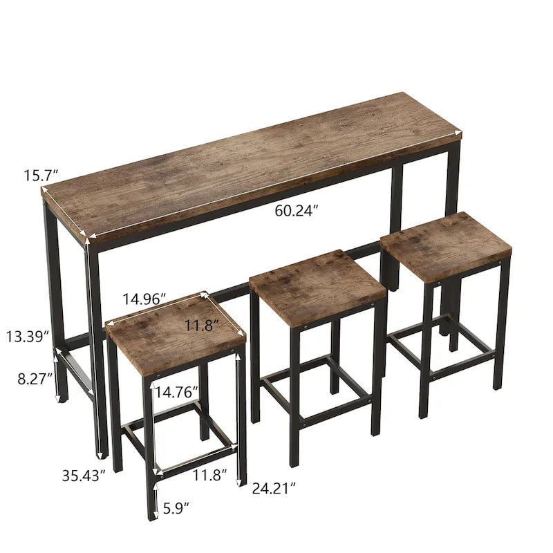 Counter Height Extra Long Dining Table Set with 3 Stools Pub Kitchen Set Side Table with Footrest
