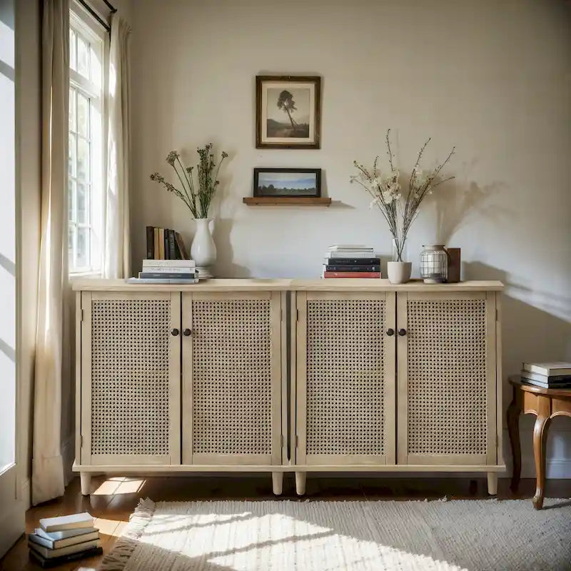 Art Leon Woven Rattan Wicker Doors Accent Cabinet Sideboards