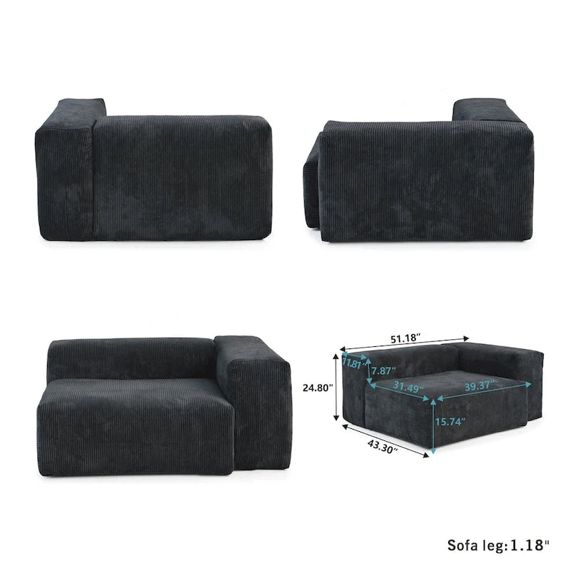 Large Modern Corduroy Fabric 3 Seats Sectional Sofa