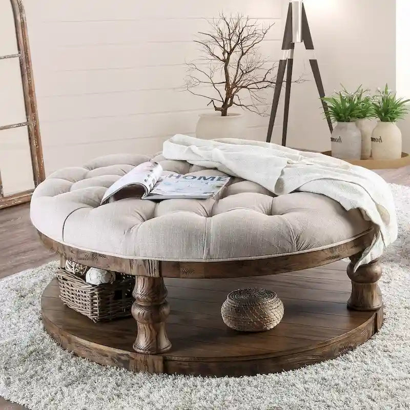 Bae Rustic 48-inch Fabric Tufted 1-Shelf Round Coffee Table by Furniture of America