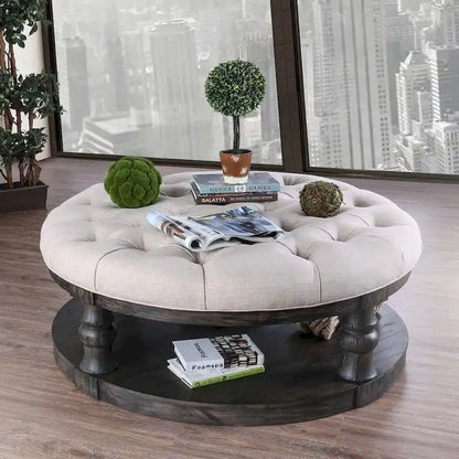 Bae Rustic 48-inch Fabric Tufted 1-Shelf Round Coffee Table by Furniture of America