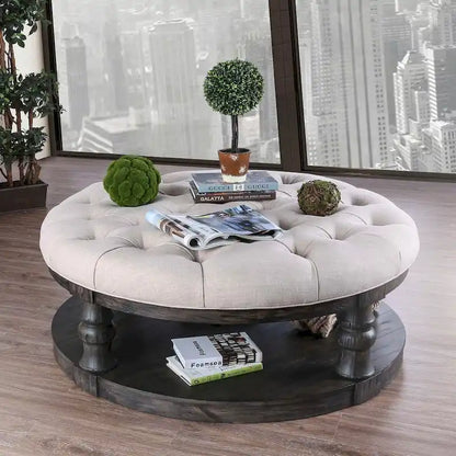Bae Rustic 48-inch Fabric Tufted 1-Shelf Round Coffee Table by Furniture of America