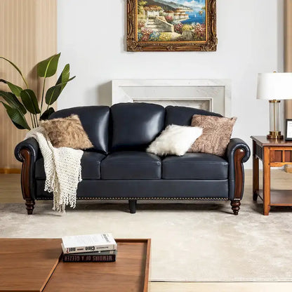 Eduard 84 Traditional Genuine Leather Sofa with Carved Wood Legs by HULALA HOME