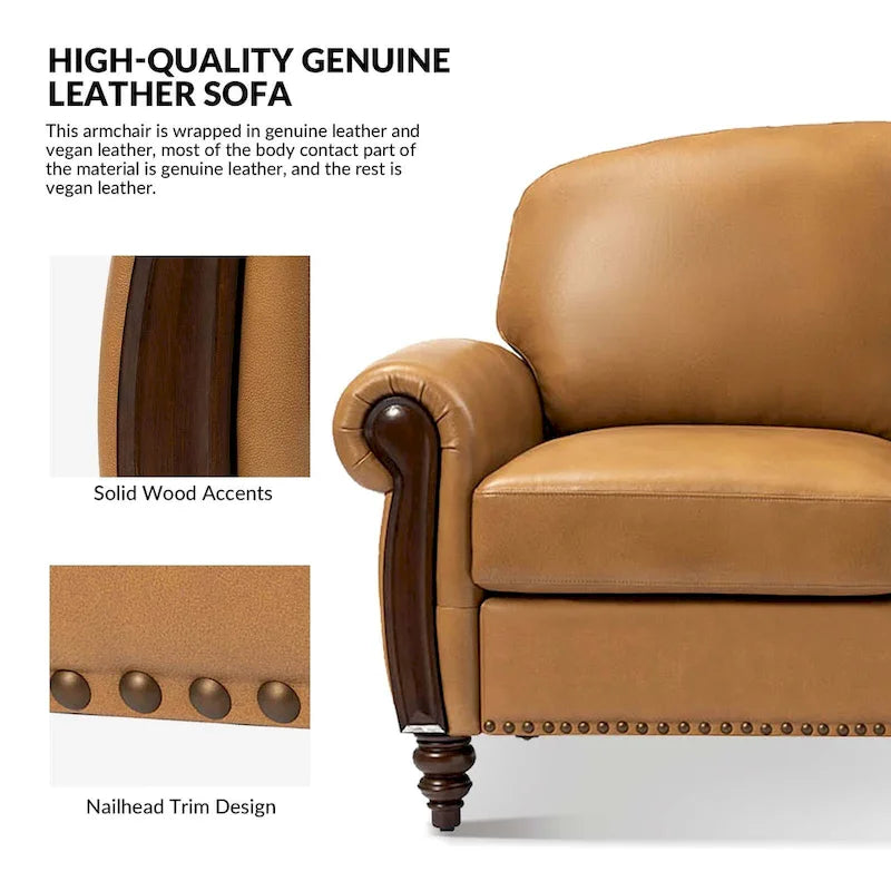 Eduard 84 Traditional Genuine Leather Sofa with Carved Wood Legs by HULALA HOME