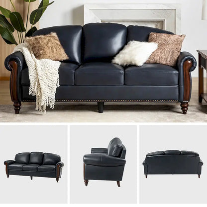 Eduard 84 Traditional Genuine Leather Sofa with Carved Wood Legs by HULALA HOME