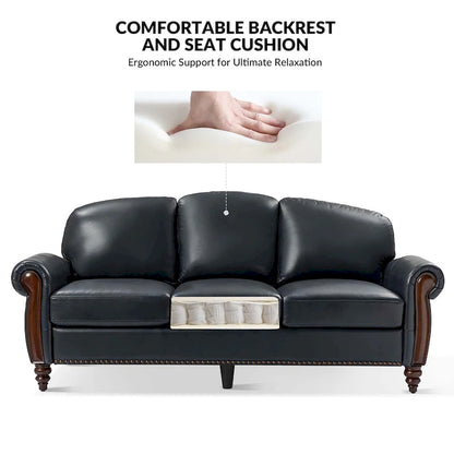 Eduard 84 Traditional Genuine Leather Sofa with Carved Wood Legs by HULALA HOME