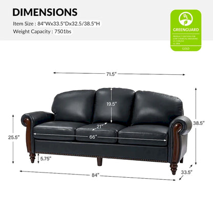 Eduard 84 Traditional Genuine Leather Sofa with Carved Wood Legs by HULALA HOME