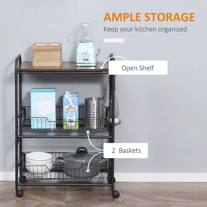 HOMCOM 24 3-Tier Rolling Kitchen Cart, Utility Storage Trolley with 2 Basket Drawers, Side Hooks for Dining Room
