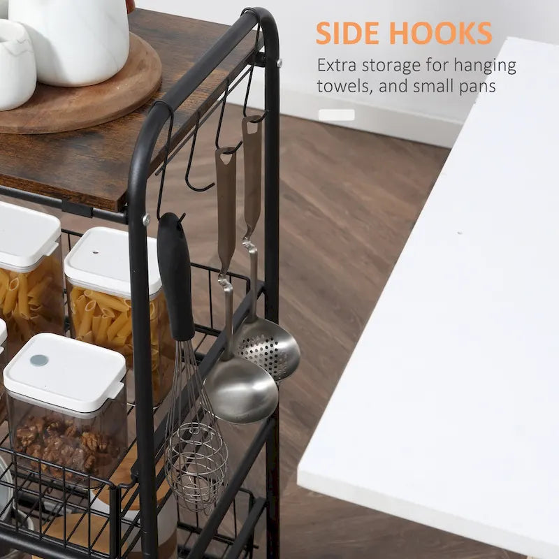 HOMCOM 24 3-Tier Rolling Kitchen Cart, Utility Storage Trolley with 2 Basket Drawers, Side Hooks for Dining Room