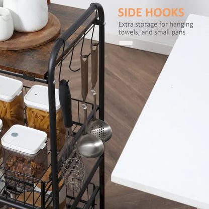 HOMCOM 24 3-Tier Rolling Kitchen Cart, Utility Storage Trolley with 2 Basket Drawers, Side Hooks for Dining Room