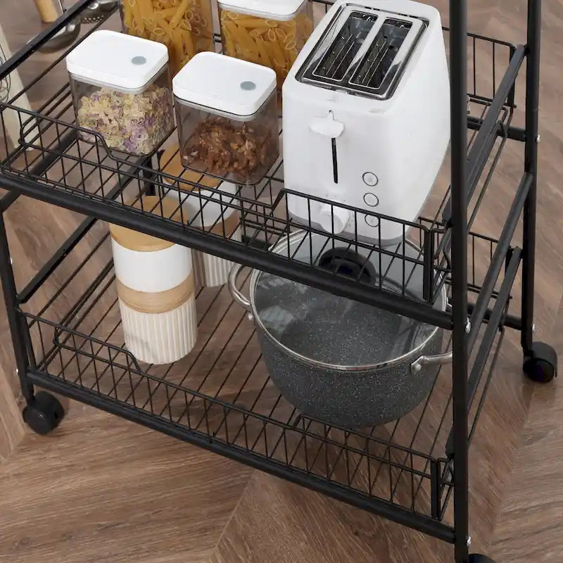 HOMCOM 24 3-Tier Rolling Kitchen Cart, Utility Storage Trolley with 2 Basket Drawers, Side Hooks for Dining Room