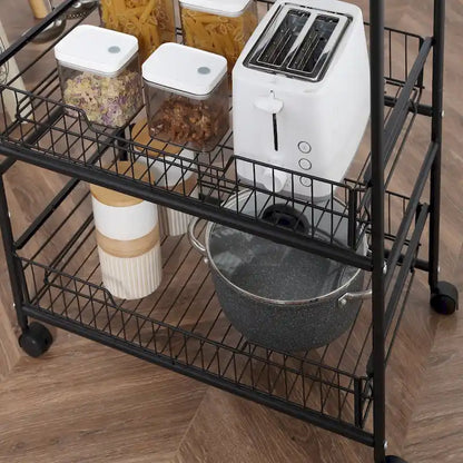 HOMCOM 24 3-Tier Rolling Kitchen Cart, Utility Storage Trolley with 2 Basket Drawers, Side Hooks for Dining Room