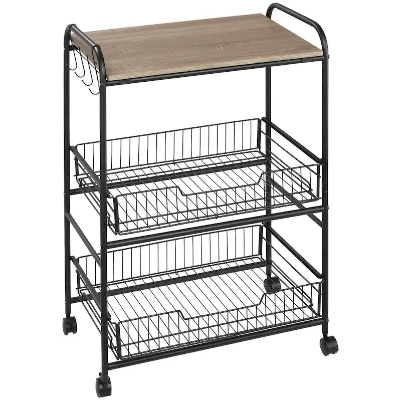 HOMCOM 24 3-Tier Rolling Kitchen Cart, Utility Storage Trolley with 2 Basket Drawers, Side Hooks for Dining Room