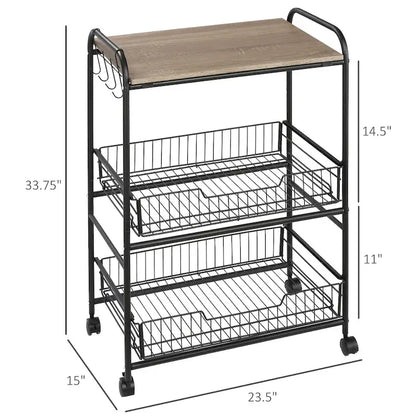 HOMCOM 24 3-Tier Rolling Kitchen Cart, Utility Storage Trolley with 2 Basket Drawers, Side Hooks for Dining Room