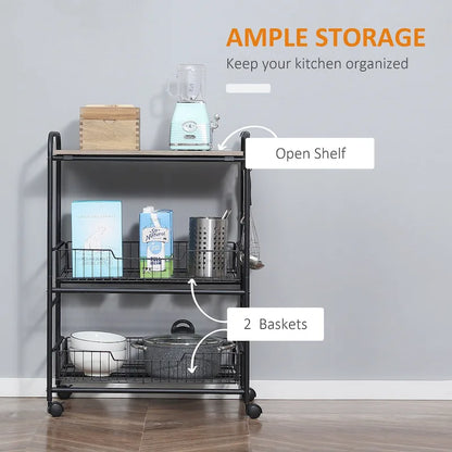 HOMCOM 24 3-Tier Rolling Kitchen Cart, Utility Storage Trolley with 2 Basket Drawers, Side Hooks for Dining Room