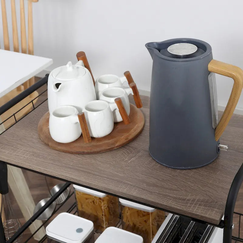 HOMCOM 24 3-Tier Rolling Kitchen Cart, Utility Storage Trolley with 2 Basket Drawers, Side Hooks for Dining Room