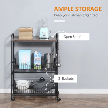 HOMCOM 24 3-Tier Rolling Kitchen Cart, Utility Storage Trolley with 2 Basket Drawers, Side Hooks for Dining Room