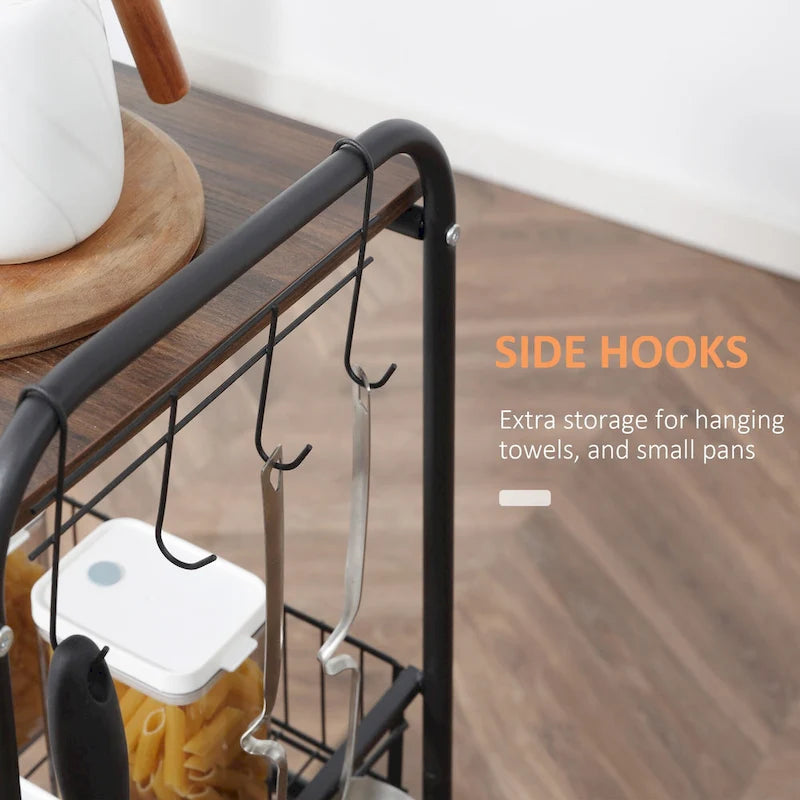 HOMCOM 24 3-Tier Rolling Kitchen Cart, Utility Storage Trolley with 2 Basket Drawers, Side Hooks for Dining Room