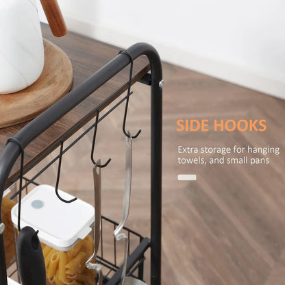 HOMCOM 24 3-Tier Rolling Kitchen Cart, Utility Storage Trolley with 2 Basket Drawers, Side Hooks for Dining Room