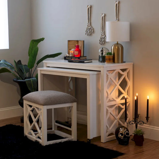 Nichols White Wodden Nesting Rolling Desk and Stool Set