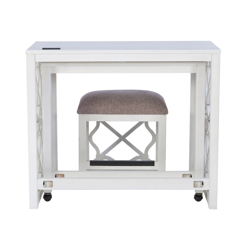 Nichols White Wodden Nesting Rolling Desk and Stool Set