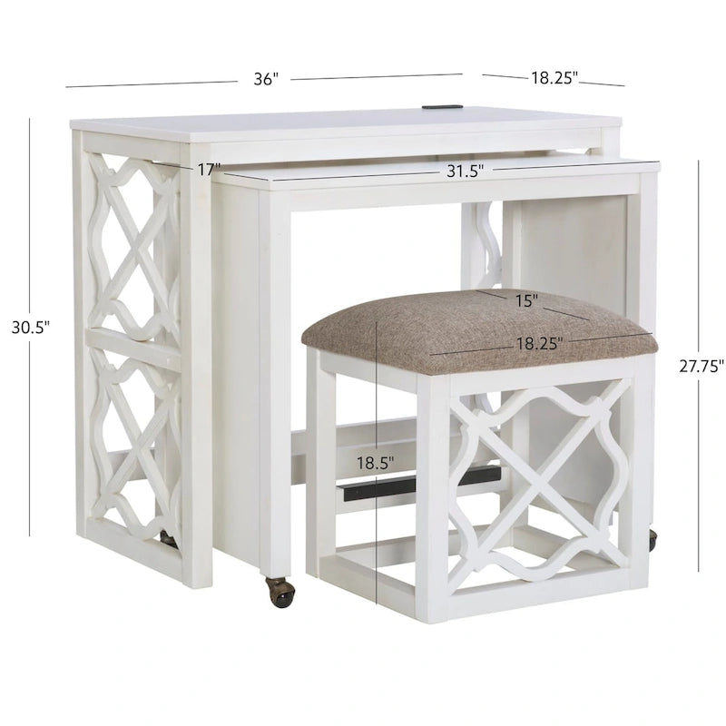 Nichols White Wodden Nesting Rolling Desk and Stool Set