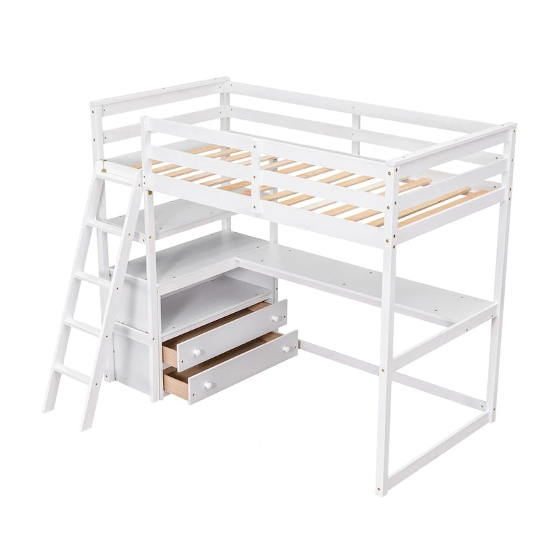 Twin Size Loft Bed with Desk and Shelves, Two Built-in Drawers