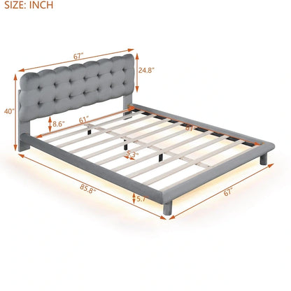 Queen Size Velvet Platform Bed with LED Frame, Thick & Soft Fabric and Button-tufted Design Headboard, Beige