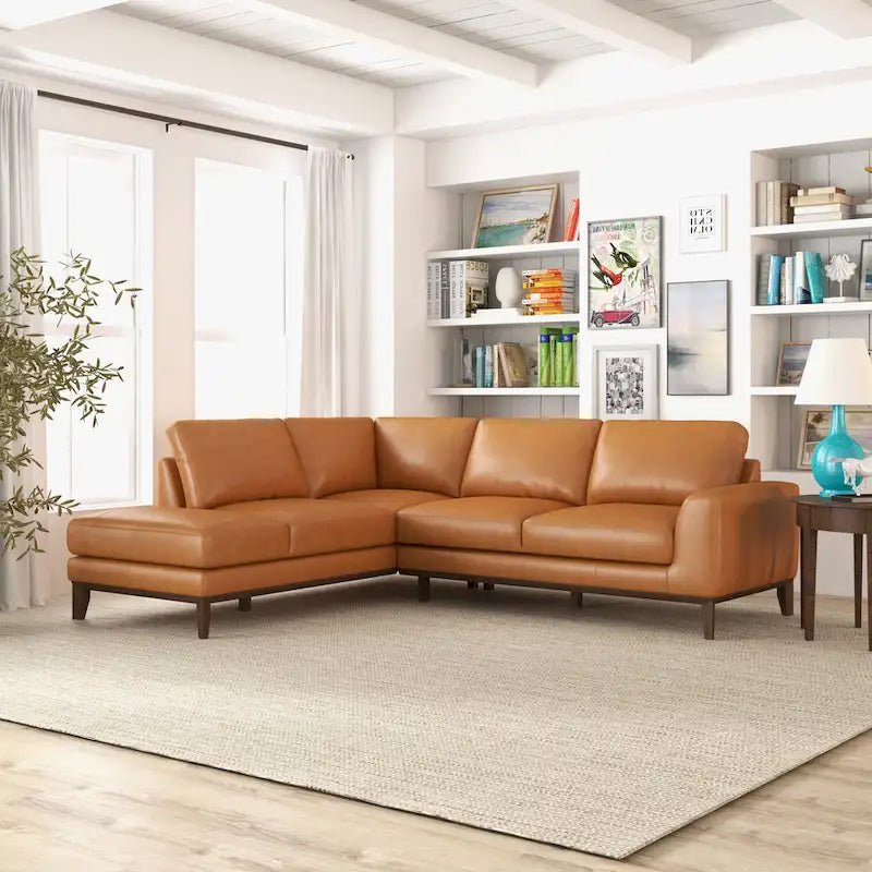 Miama Living Room Full Grain Genuine Leather Best Sectional Couch in Cognac Tan