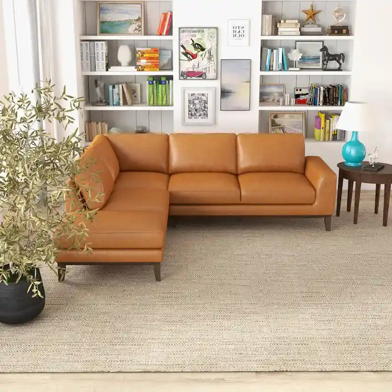 Miama Living Room Full Grain Genuine Leather Best Sectional Couch in Cognac Tan