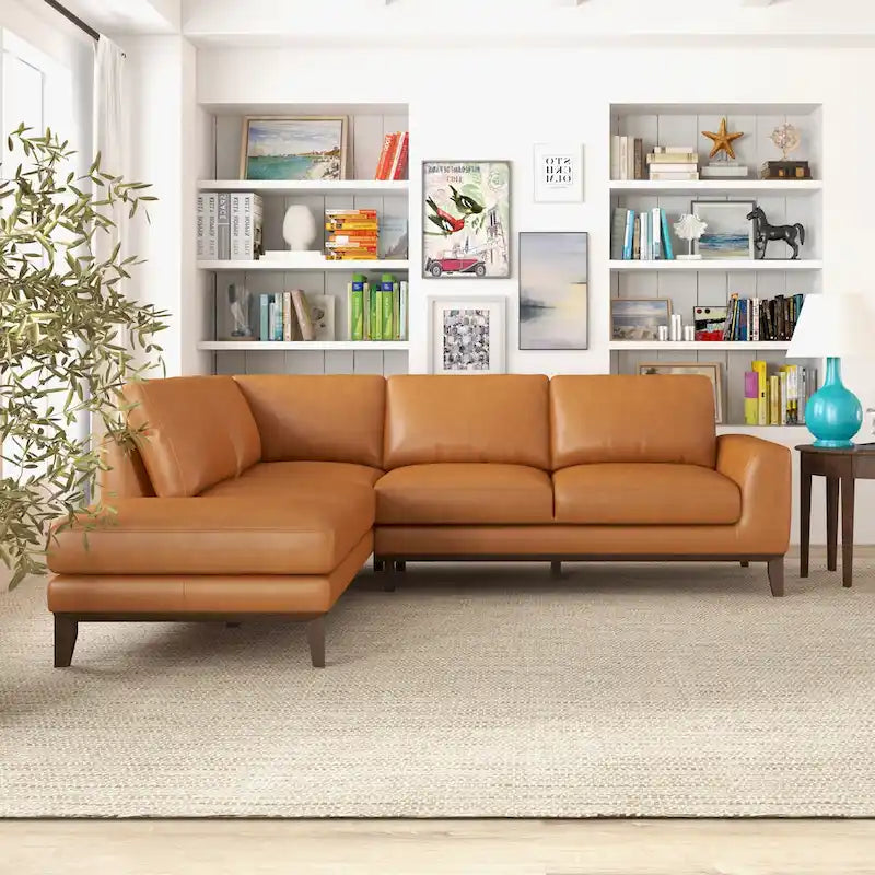 Miama Living Room Full Grain Genuine Leather Best Sectional Couch in Cognac Tan