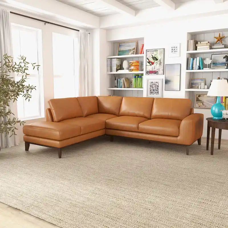 Miama Living Room Full Grain Genuine Leather Best Sectional Couch in Cognac Tan