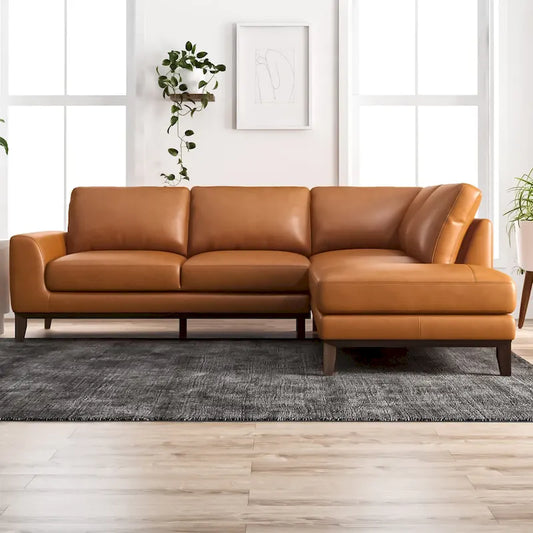 Modern Milton Cognac Tan Top Leather Corner Sectional Sofa (Right Chaise)