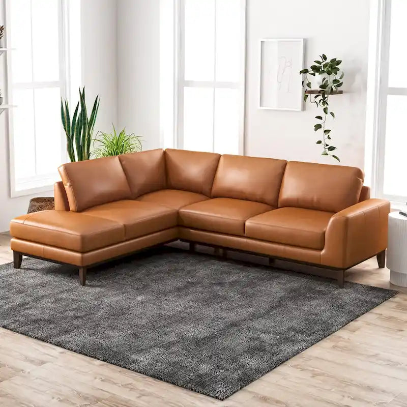 Modern Milton Cognac Tan Top Leather Corner Sectional Sofa (Right Chaise)