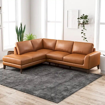 Modern Milton Cognac Tan Top Leather Corner Sectional Sofa (Right Chaise)