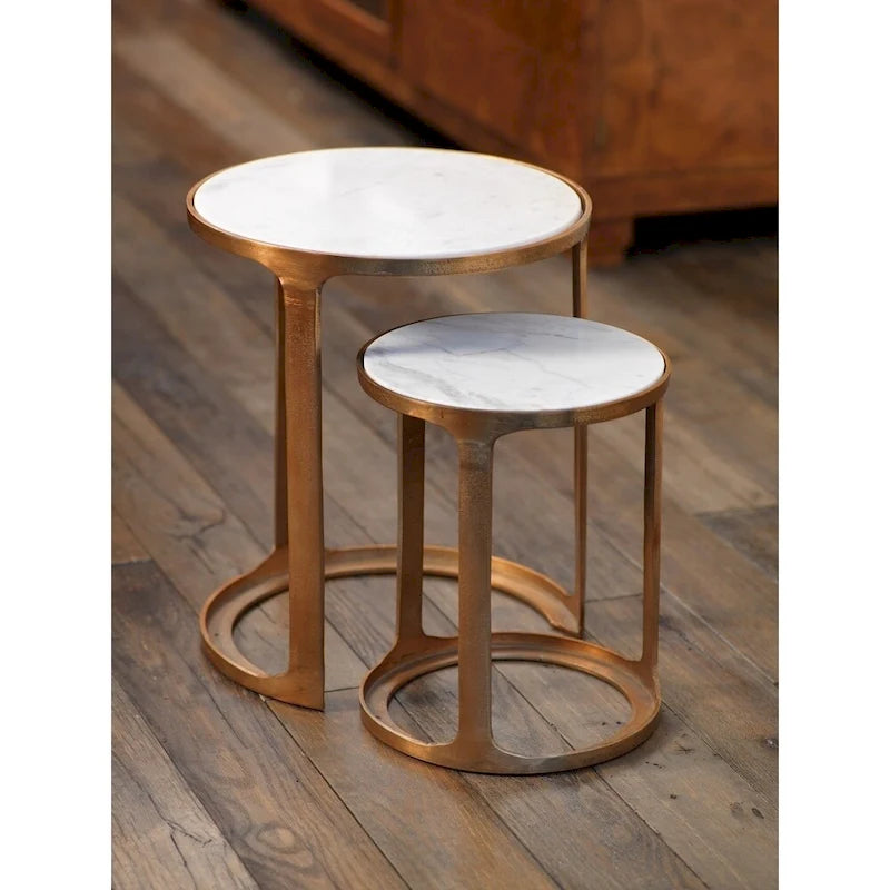 Zodax Nikki Round Marble and Raw Aluminum Nesting Tables, Set of 2