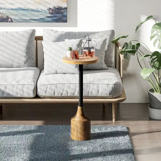 COZAYH Farmhouse Pedestal End table, Rustic Wood Drink Table with Base, Round Martini Table for Small Space Living Room