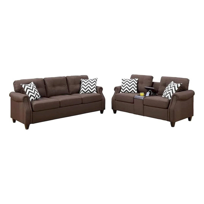 Noa Modern 2 Piece Sofa Loveseat Set, 4 Pillows, USB Ports, Dark Brown