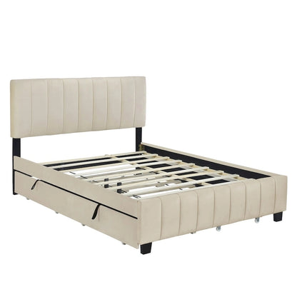 Merax Queen Size Velvet Upholstered Platform Bed with 2 Drawers and 1 Twin XL Trundle
