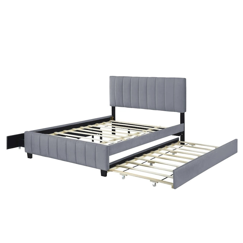 Merax Queen Size Velvet Upholstered Platform Bed with 2 Drawers and 1 Twin XL Trundle