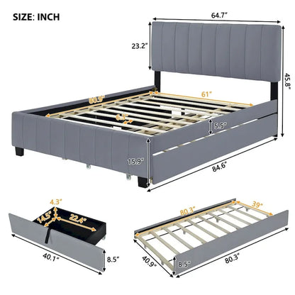 Merax Queen Size Velvet Upholstered Platform Bed with 2 Drawers and 1 Twin XL Trundle