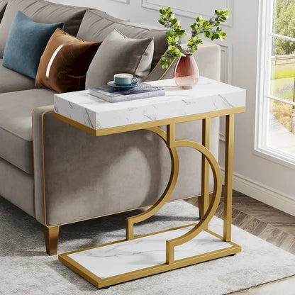 Narrow Side Table White Gold Side Table C Shaped End Table Modern Bedside Table Small Side Table for Couch Living Room