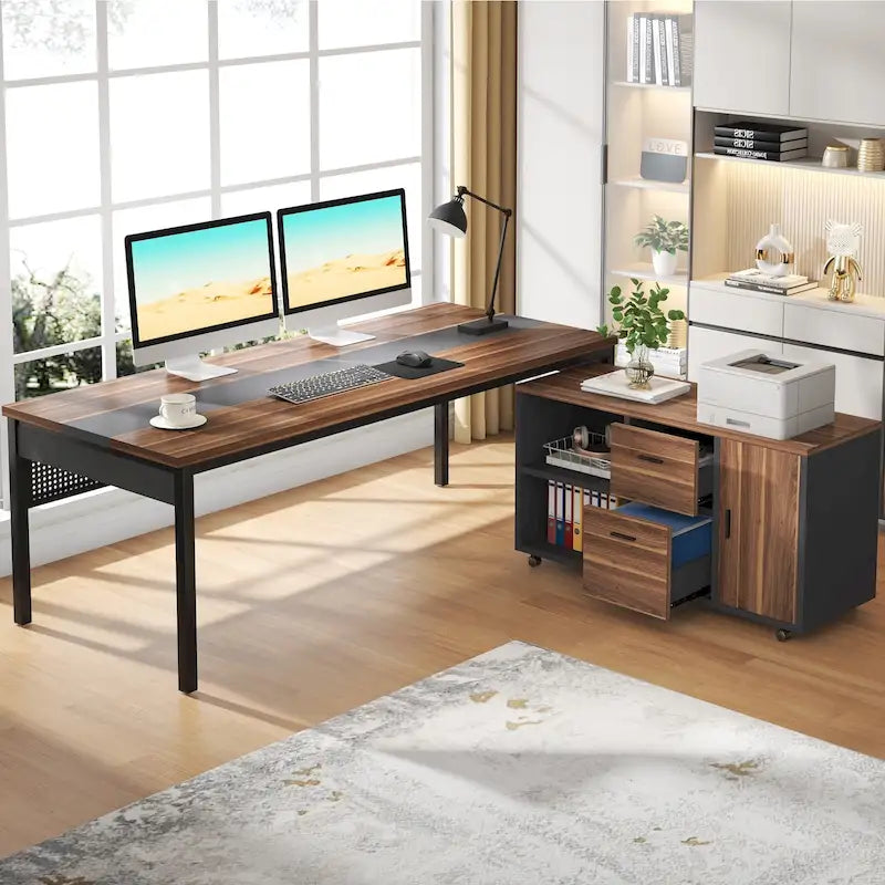 Modern Executive Desk, 70.8 Computer Desk with 47 inch Lateral File Cabinet for Home Office