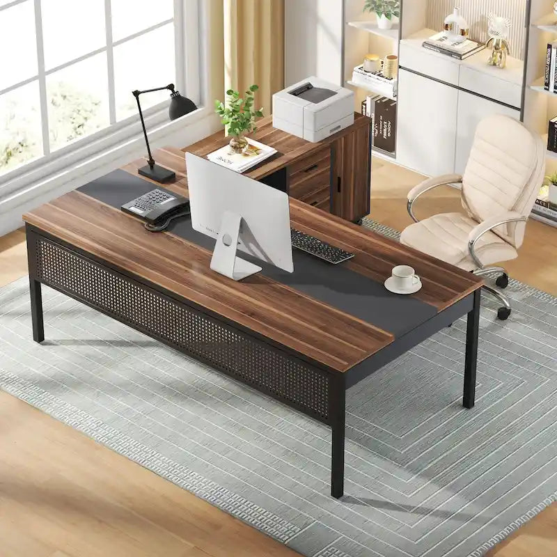 Modern Executive Desk, 70.8 Computer Desk with 47 inch Lateral File Cabinet for Home Office