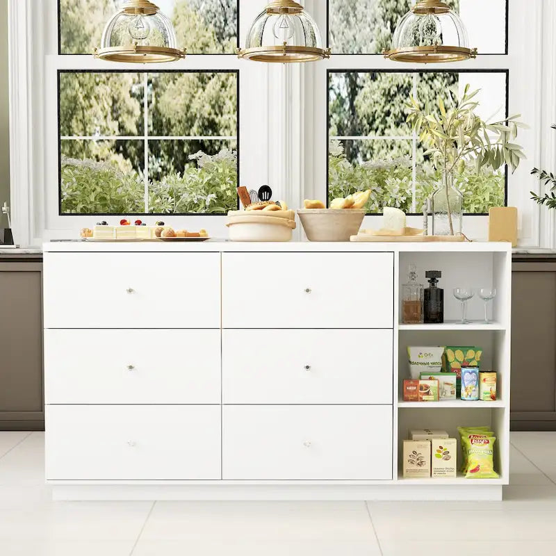 63W Kitchen Island White Storage Unit with Drawers and Cabinets - 63